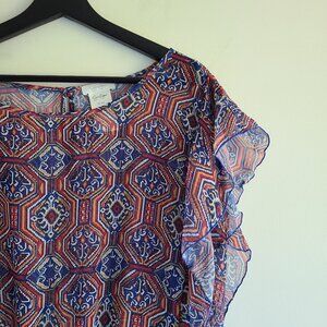Jessica Simpson Sheer Tunic Blouse L Blue Red Ruffles Sheer Elastic Waist Boho